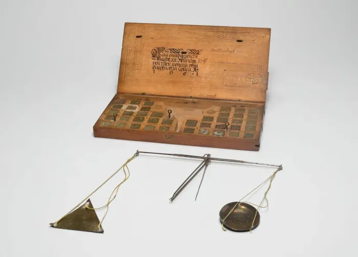Framed Print : Print of Box with Scale and Set of Weights, 1661 Framed Print : Print of Box with Scale and Set of Weights, 1661