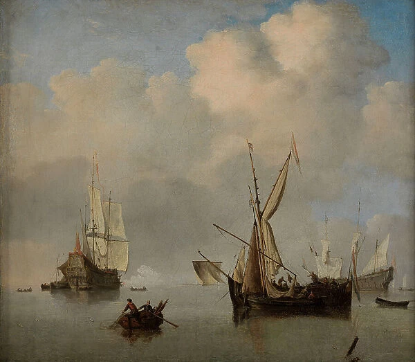 Calm sea: two small Dutch coasters at anchor alongside. Marine, c.1675. Creator: Willem van de Velde the Younger
