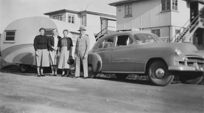 Framed Print : Caravan and Car Print, Mooloolaba, 1952 Framed Print : Caravan and Car Print, Mooloolaba, 1952