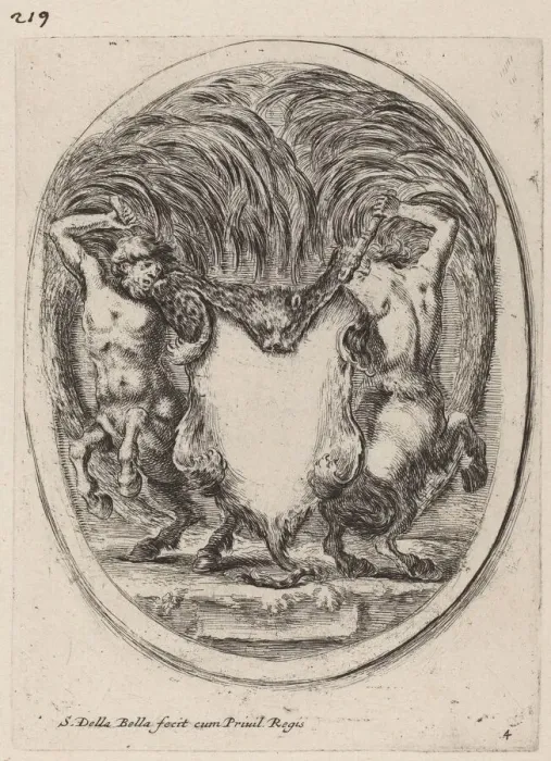 Framed Print : Cartouche Print: Flayed Tiger Supported by Centaurs Framed Print : Cartouche Print: Flayed Tiger Supported by Centaurs