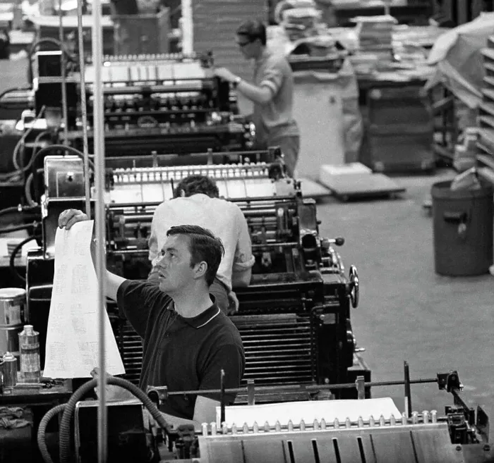 Framed Print : Checking a Print on the Heidelberg Press, 1968 Framed Print : Checking a Print on the Heidelberg Press, 1968