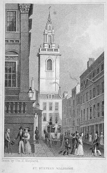 Church of St Stephen Walbrook from the corner of Mansion House, City of London, 1830