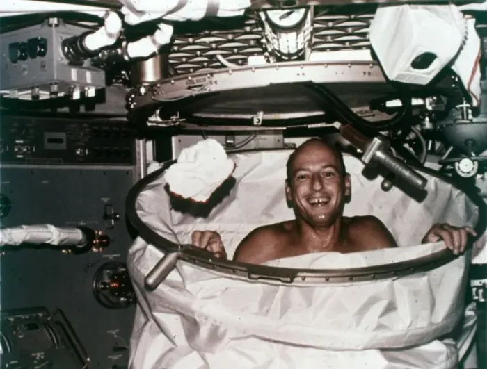 Framed Print : Conrad in Zero-Gravity Shower, Skylab 2 Print, 1973 Framed Print : Conrad in Zero-Gravity Shower, Skylab 2 Print, 1973