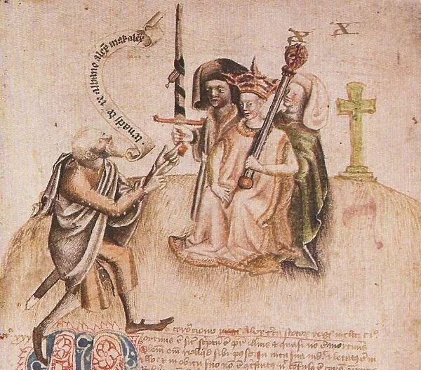 Coronation of King Alexander III on Moot Hill, Scone. From manuscript of the Scotichronicon by Walte Artist: Anonymous