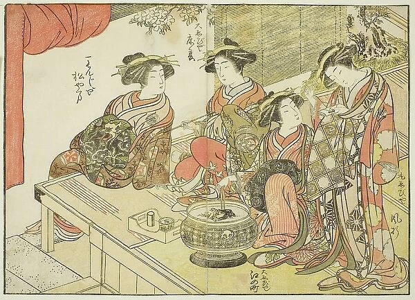 Four courtesans of various houses, from the book 'Mirror of Beautiful Women of the Pleasure... 1776 Creator: Shunsho. Four courtesans of various houses, from the book 'Mirror of Beautiful Women of the Pleasure... 1776 Creator: Shunsho