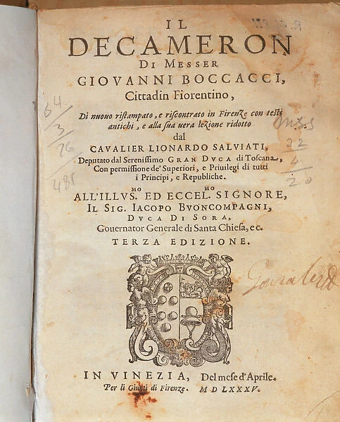 Cover of the Deccameron by Giovanni Boccaccio, published in Venice, 1635