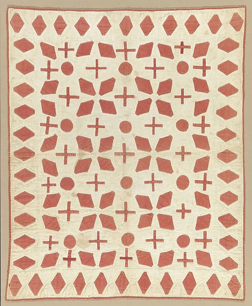Cream and red appliqued quilted bedcover, ca. 1850. Creator: Unknown