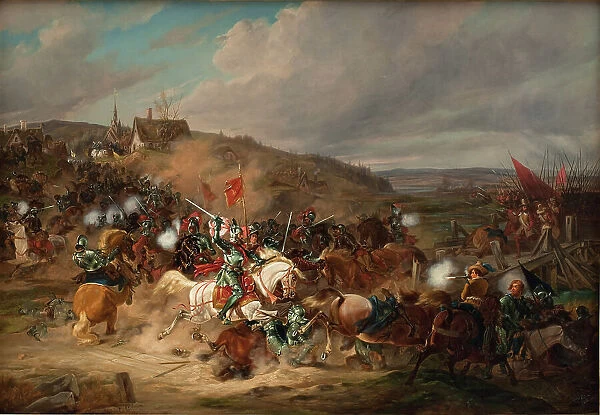 Daniel Rantzau fighting Tureby Bro in Skåne during the Seven Years War, 1563-1570, (1837-1838). Creator: Christian Frederik Carl Holm