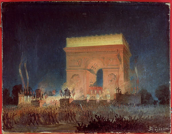 Distribution of flags to the National Guard, in front of the Arc de Triomphe, April 20, 1848. Creator: Jean-Charles Geslin
