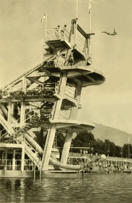 Framed Print : Millstatt Diving Platform Print, c1935 Framed Print : Millstatt Diving Platform Print, c1935