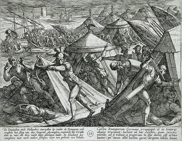 Dutch and Germans Attack the Roman Camp and Capture Cerialis Boat, Publshed 1612. Creator: Antonio Tempesta
