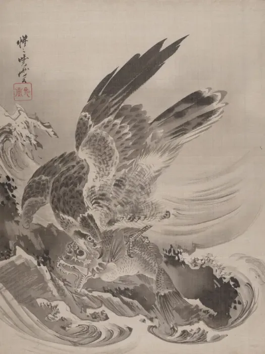 Framed Print : Kawanabe Kyosai Print: Eagle Attacking Fish, ca. 1887