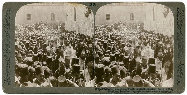 Easter procession of the Greek Patriarch, entering the Church of Holy Sepulchre, Jerusalem, 1903. Artist: Underwood & Underwood
