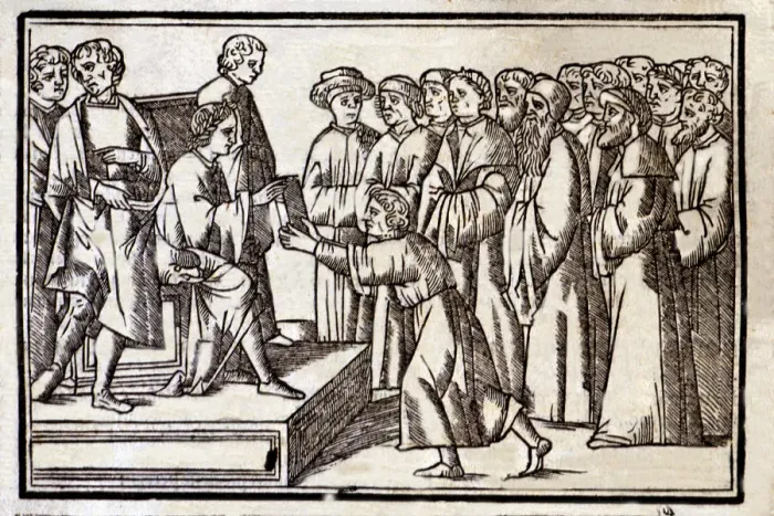 Framed Print : Martial Delivering Epigrams Print, Italian Engraving 1514