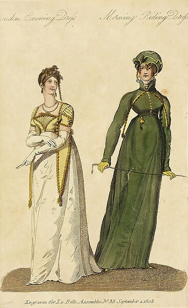 Fashion Plate (London Evening Dress - Morning Riding Dress), 1808. Creator: John Bell