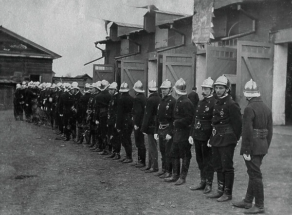 The fire brigade of the voluntary fire society near its building on Arsenalnaya Street, 1908. Creator: Unknown