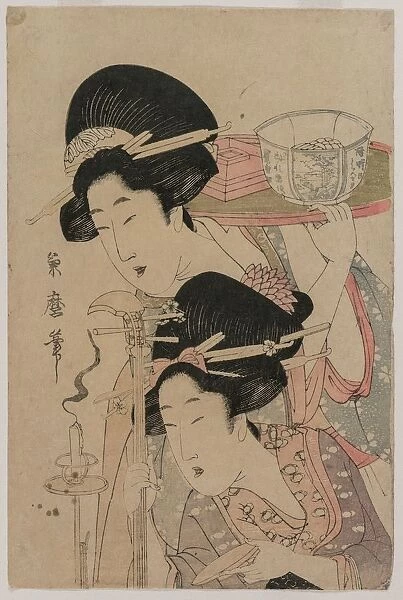Two Geishas beside a Candle, mid 1800s. Creator: Kitagawa Kikumaro (Tsukimaro) (Japanese)