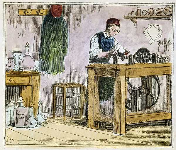 Glass cutter decorating table ware on a carborundum wheel, 1867