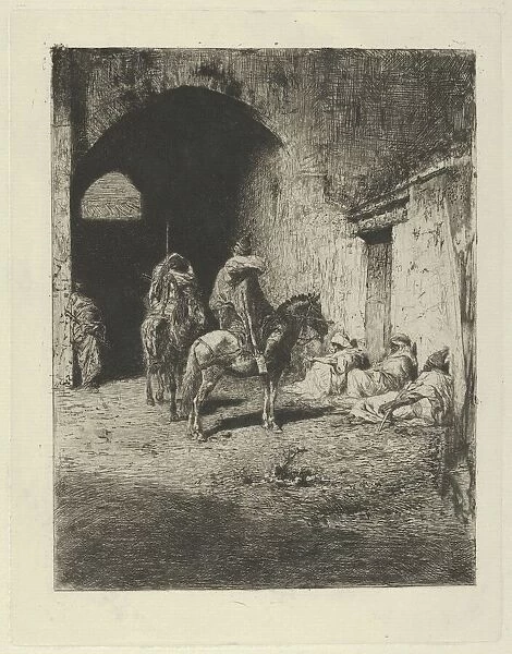 Guards on horseback at the entrance to the Kasbah in Tetuan, figures sitting on the gro, ca. 1873. Creator: Mariano Jose Maria Bernardo Fortuny y Carbo