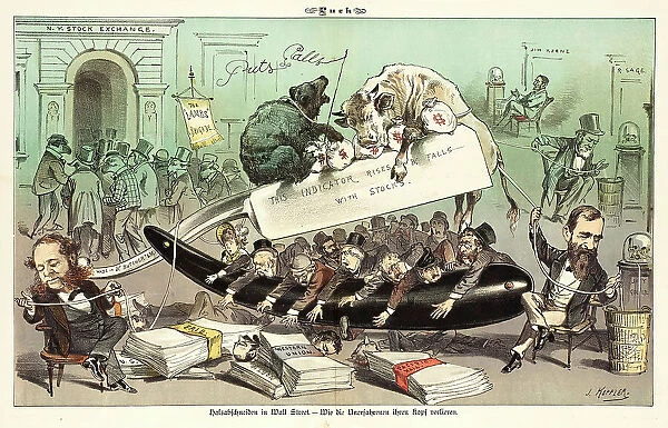 Halsabschneiden in Wall Street. Cartoon from Puck, 1881. Creators: Joseph Keppler, Bernhard Gillam
