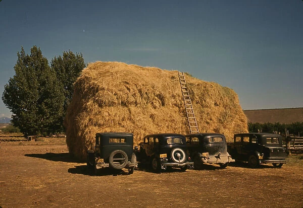 Hay stack and automobile of peach pickers, Delta County, Colorado, 1940. Creator: Russell Lee