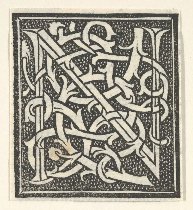 Framed Print : Print of Initial letter N on patterned background, 1520