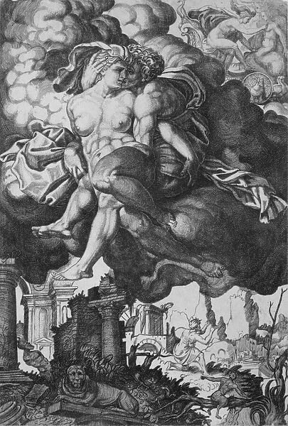 Ixion attempting to seduce Juno, surrounded by clouds with ruins below, ca. 1520-39