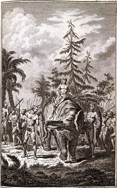 King of Cochin on his elephant accompanied by his court, engraving in the work Abregé