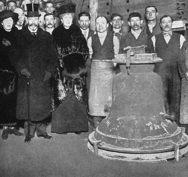 King George with the Victory bell for Westminster Abbey, c1910s-c1920s (1936)