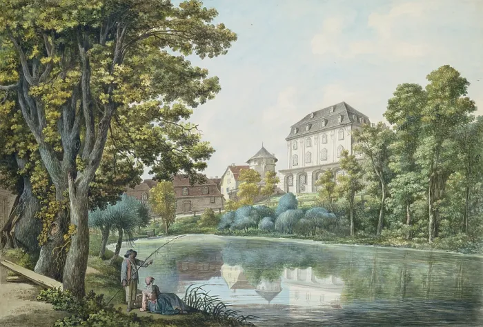 Framed Print : Print of a Weimar kitchen pond and adjacent library, circa 1801 Framed Print : Print of a Weimar kitchen pond and adjacent library, circa 1801