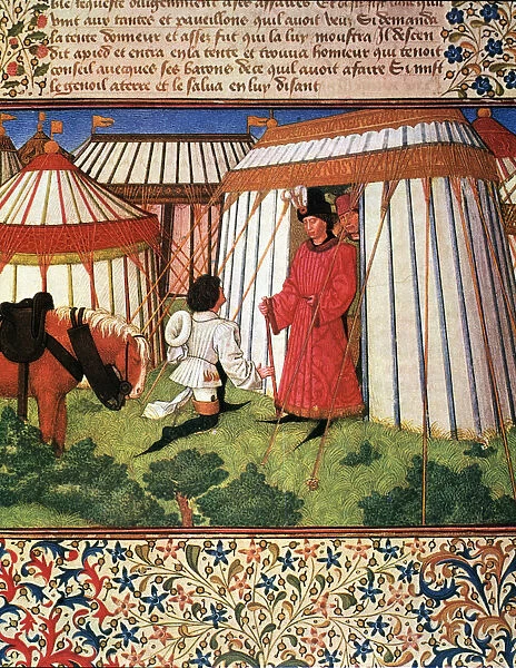 Knight kneeling before the tent of honor, Miniature in Roman de la Rose, illuminated