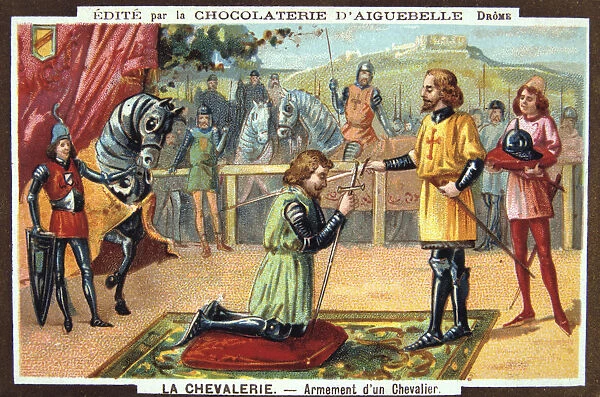 The Knights - Knighting a Knight, Middle Ages. 19th Century. Colour Lithograph. Private collection
