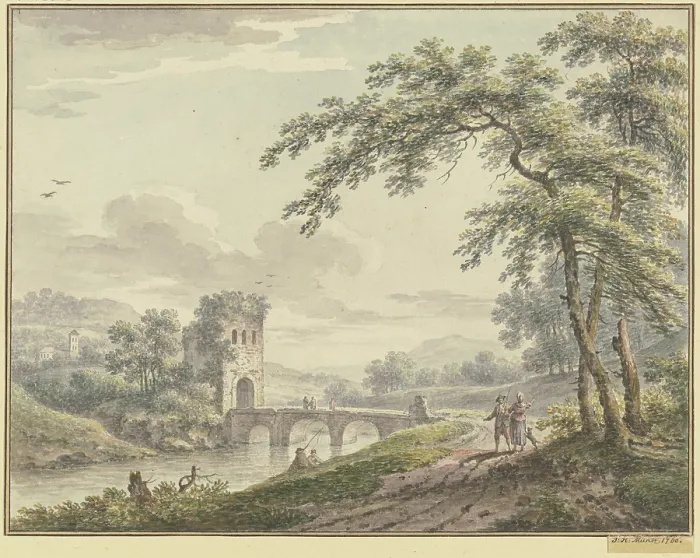 Framed Print : Landscape Print with Bridge and Tower Framed Print : Landscape Print with Bridge and Tower