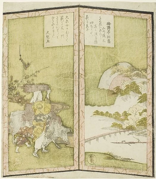 Landscape and Oharame (a woman from Ohara), from an untitled hexaptych depicting... c. 1825. Creator: Shinsai