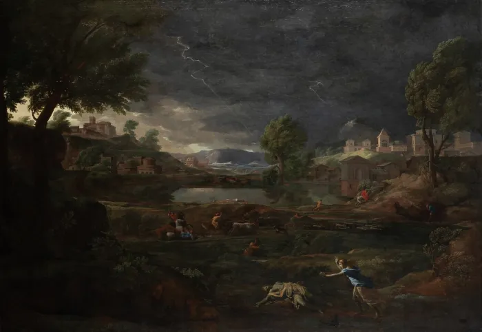Framed Print : Landscape during a Thunderstorm with Pyramus and Thisbe Print, 1651 Framed Print : Landscape during a Thunderstorm with Pyramus and Thisbe Print, 1651