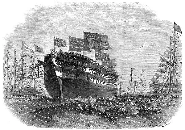 Launch of the screw line-of-battle ship 'Anson' at Woolwich, 1860. Creator: Smyth. Launch of the screw line-of-battle ship 'Anson' at Woolwich, 1860. Creator: Smyth