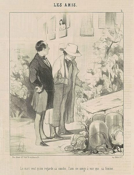 Le mari veut qu'on regarde sa couche... 19th century. Creator: Honore Daumier