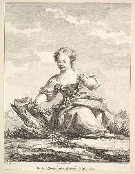 Little girl holding a garland of flowers, from Deuxieme Livre de Figures d aprè