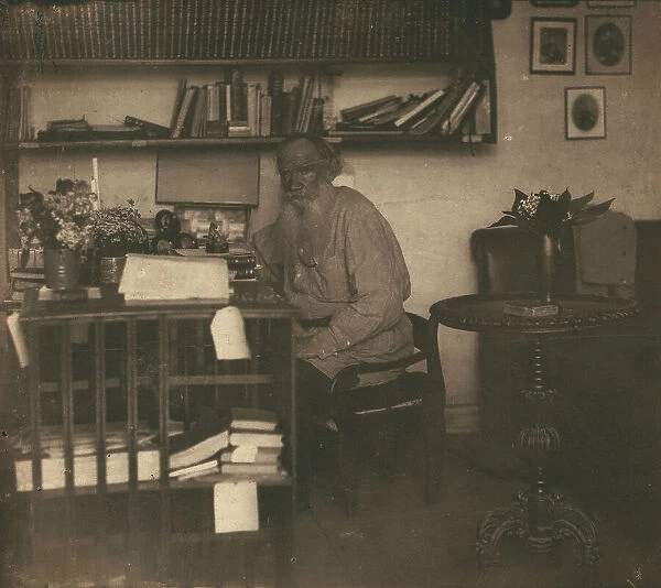 L.N. Tolstoi in his study, in Iasnaia Poliana, 1908. Creator: Sergey Mikhaylovich Prokudin-Gorsky