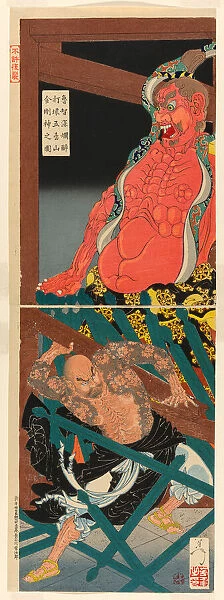 Lu Zhishen in a Drunken Rage Attacking the Guardian Figure at the Temple on Moun... September 1887. Creator: Tsukioka Yoshitoshi