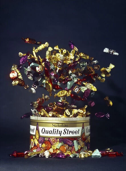 Mackintoshs Quality Street, exploding tin advertisment shot, 1972