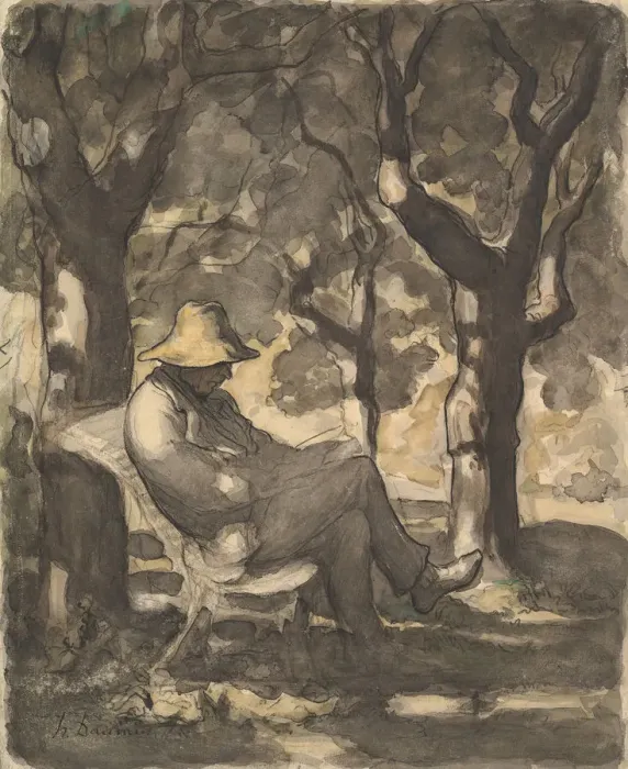 Framed Print : Honore Daumier Print: A Man Reading in a Garden (recto) Framed Print : Honore Daumier Print: A Man Reading in a Garden (recto)