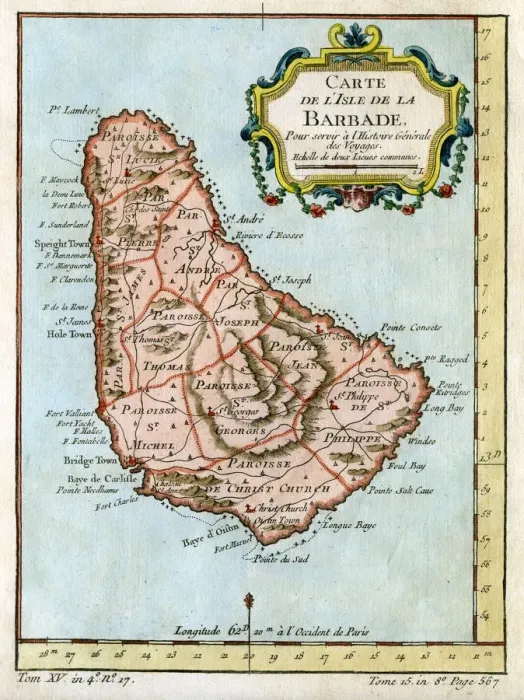 Framed Print : Barbados Map Print, 1758 Framed Print : Barbados Map Print, 1758