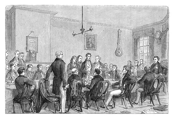 A meeting of the Anti-Corn Law League in Newalls Building, Manchester, 1838 (c1895)