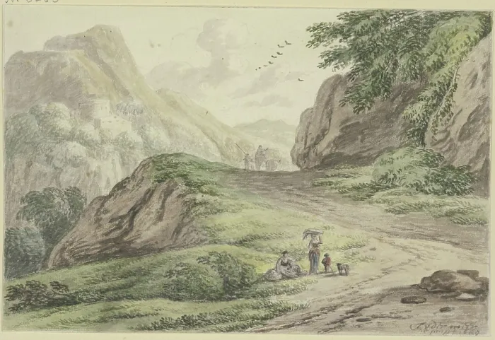 Framed Print : Mountain path with staffage Print, 1689