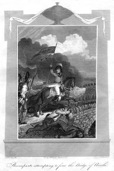Napoleon Bonaparte attempting to force the bridge of Arcola, 1816. Artist: T Wallis