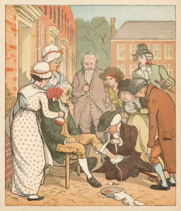 Framed Print : Print of Neighbours dressing the good man of Islington's bite, c1879 Framed Print : Print of Neighbours dressing the good man of Islington's bite, c1879