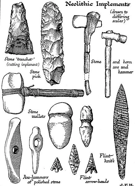 Neolithic implements of stone, flint and horn, c1890