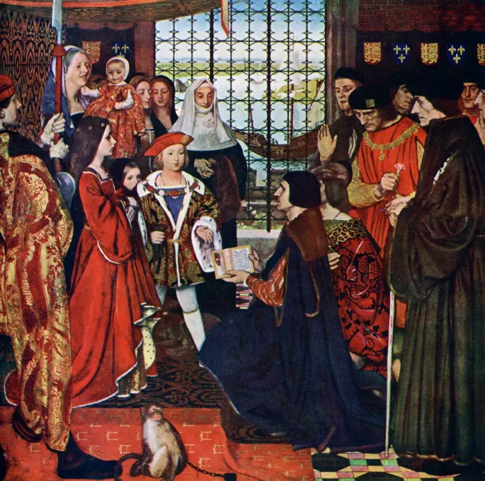 Framed Print : Print of a scene depicting Erasmus and Thomas More visiting children at Greenwich in 1499 Framed Print : Print of a scene depicting Erasmus and Thomas More visiting children at Greenwich in 1499