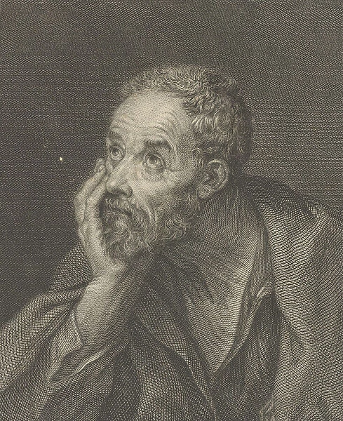An old bearded man resting his head on his right hand and looking upwards to the left